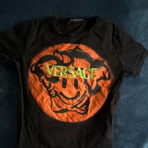 Versace Black Tee with Orange and Green Medusa Design